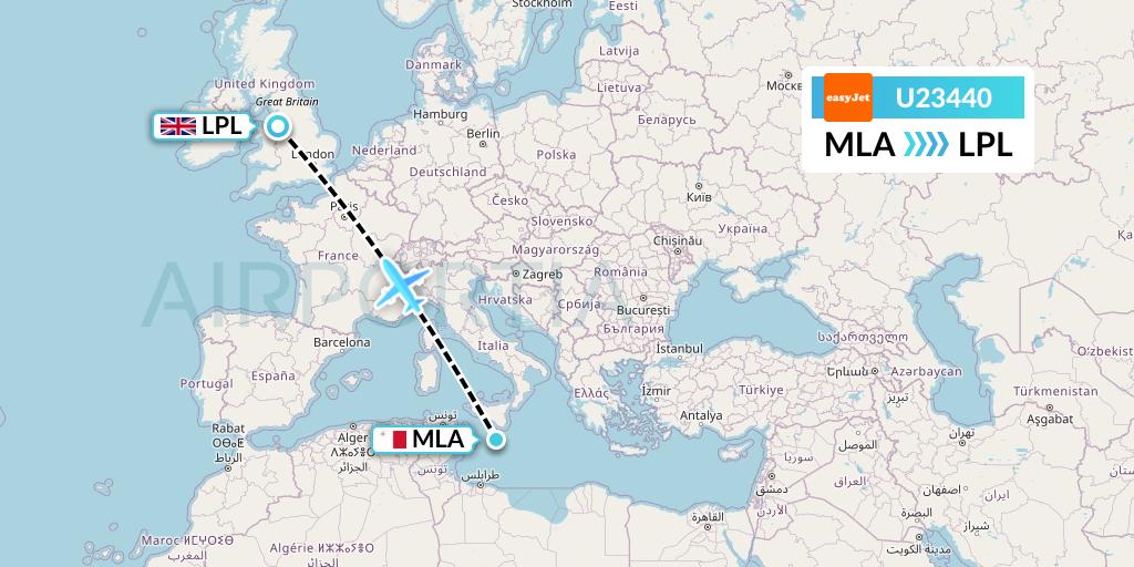 U23440 EasyJet Flight Map: Malta to Liverpool