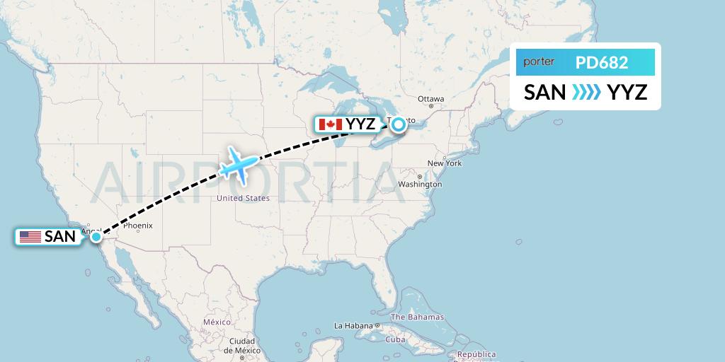 PD682 Porter Airlines Flight Map: San Diego to Toronto
