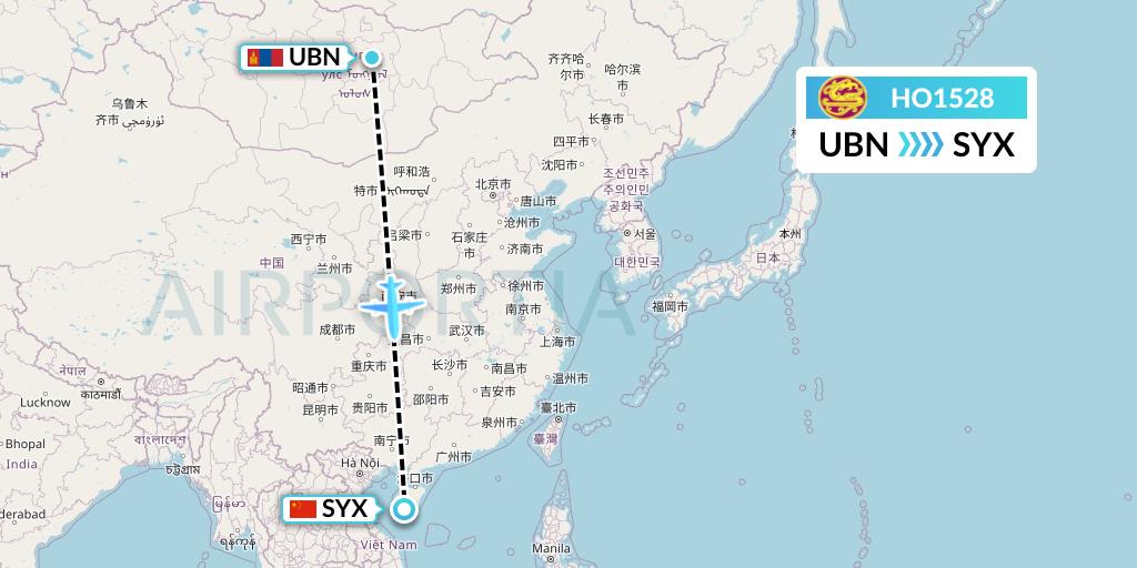 HO1528 Juneyao Airlines Flight Map: Ulan Bator to Sanya
