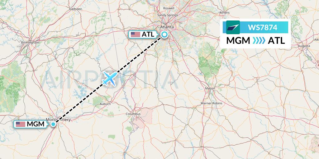 WS7874 WestJet Flight Map: Montgomery to Atlanta