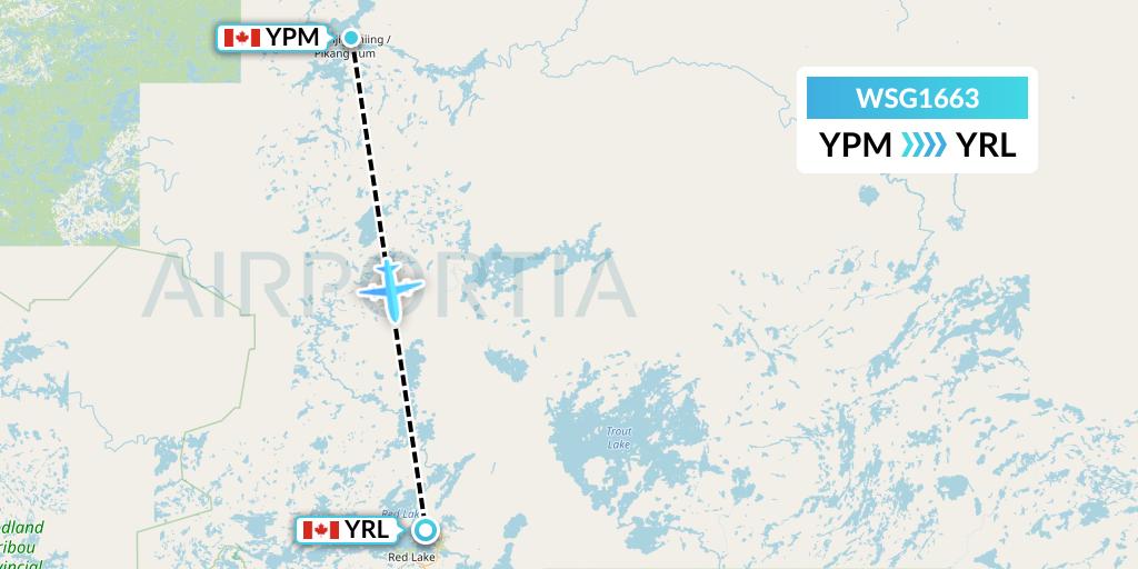 WSG1663 Wasaya Airways Flight Map: Pikangikum to Red Lake