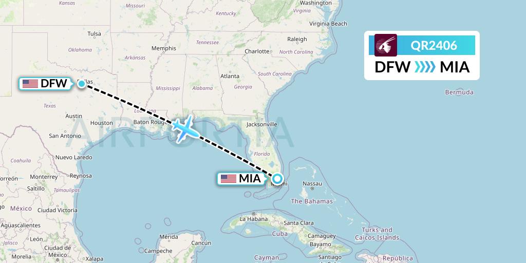 QR2406 Qatar Airways Flight Map: Dallas to Miami