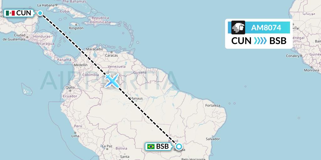 AM8074 Aeromexico Flight Map: Cancun to Brasilia
