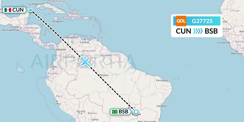 G37725 GOL Transportes Aeros Flight Map: Cancun to Brasilia