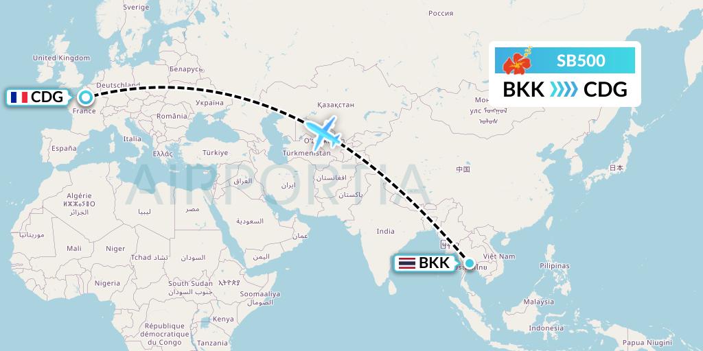 SB500 Aircalin Flight Map: Bangkok to Paris