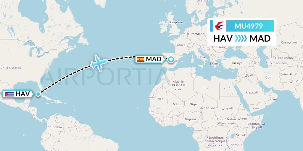 MU4979 China Eastern Airlines Flight Map: Havana to Madrid