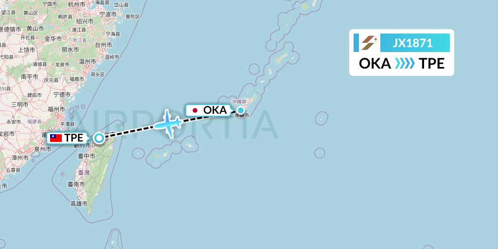 JX1871 Starlux Airlines Flight Map: Naha to Taipei