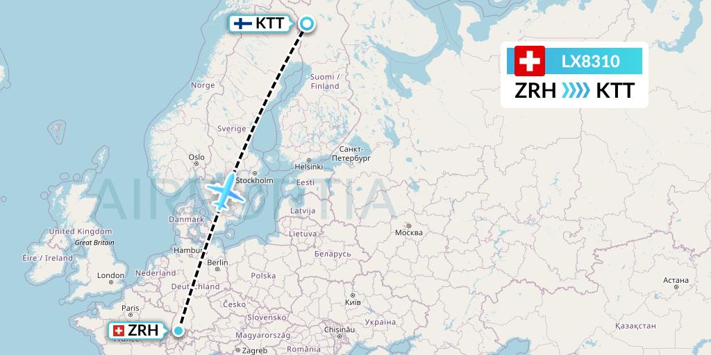 LX8310 Swiss Flight Map: Zurich to Kittila