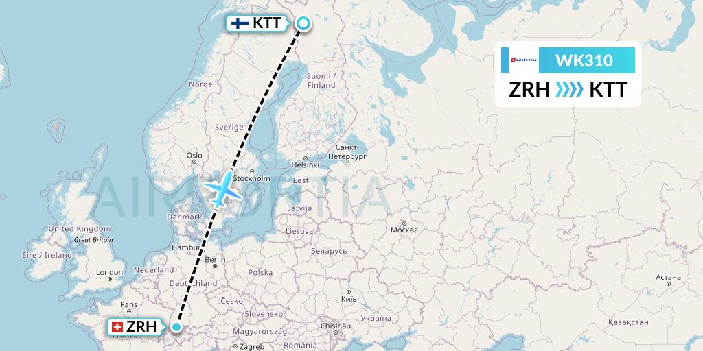 WK310 Edelweiss Air Flight Map: Zurich to Kittila