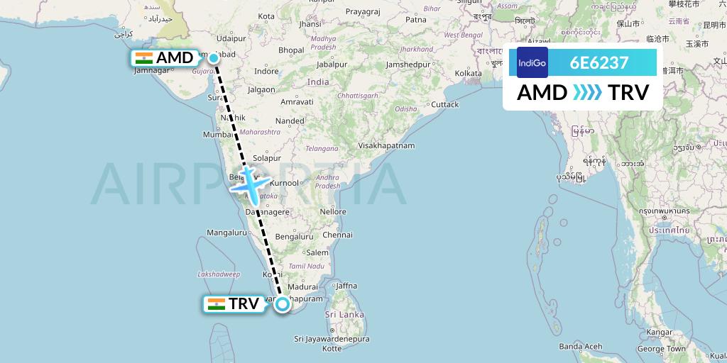6E6237 IndiGo Airlines Flight Map: Ahmedabad to Thiruvananthapuram