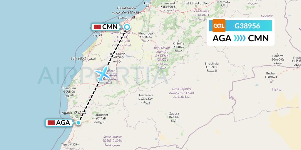 G38956 GOL Transportes Aeros Flight Map: Agadir to Casablanca