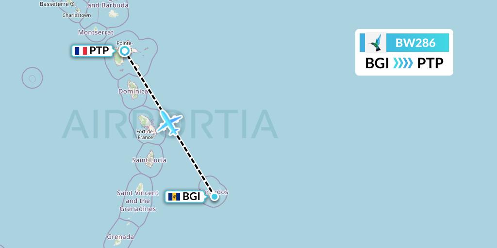 BW286 Caribbean Airlines Flight Map: Bridgetown to Pointe-a-Pitre