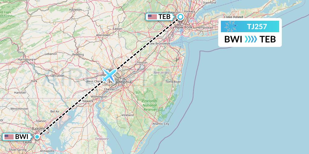 TJ257 Tradewind Aviation Flight Map: Baltimore to Teterboro