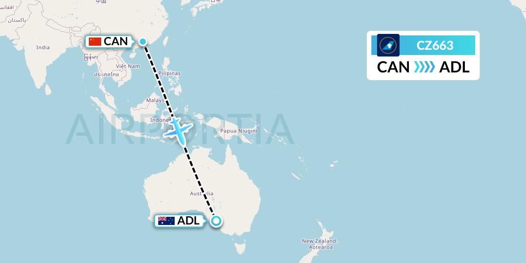 CZ663 China Southern Airlines Flight Map: Guangzhou to Adelaide