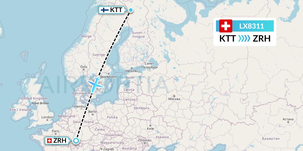 LX8311 Swiss Flight Map: Kittila to Zurich