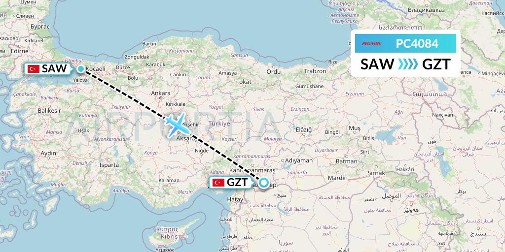 PC4084 Pegasus Airlines Flight Map: Istanbul to Gaziantep
