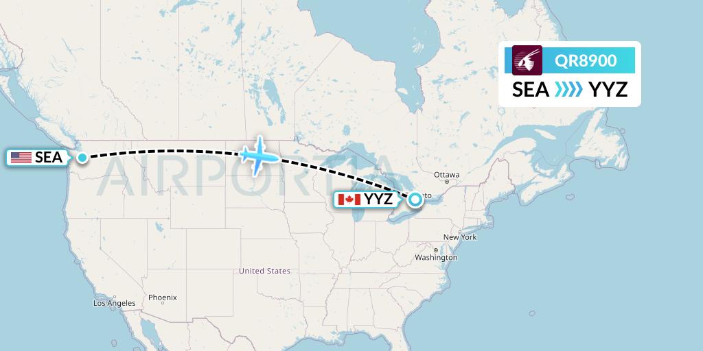 QR8900 Qatar Airways Flight Map: Seattle to Toronto