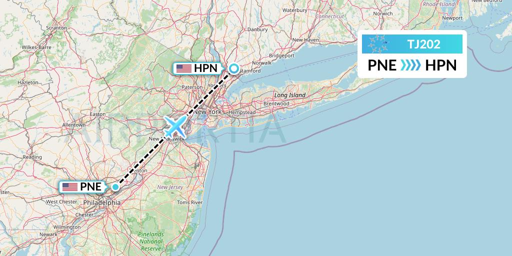TJ202 Tradewind Aviation Flight Map: Philadelphia to White Plains