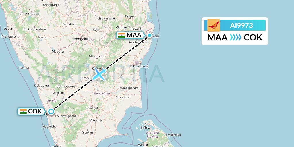 AI9973 Air India Flight Map: Chennai to Cochin