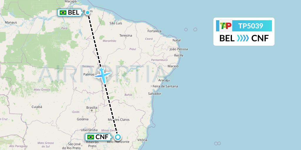 TP5039 TAP Portugal Flight Map: Belem to Belo Horizonte