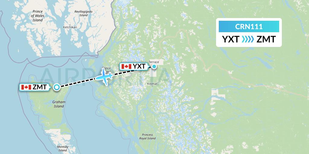 CRN111 Aerocaribbean Flight Map: Terrace to Masset