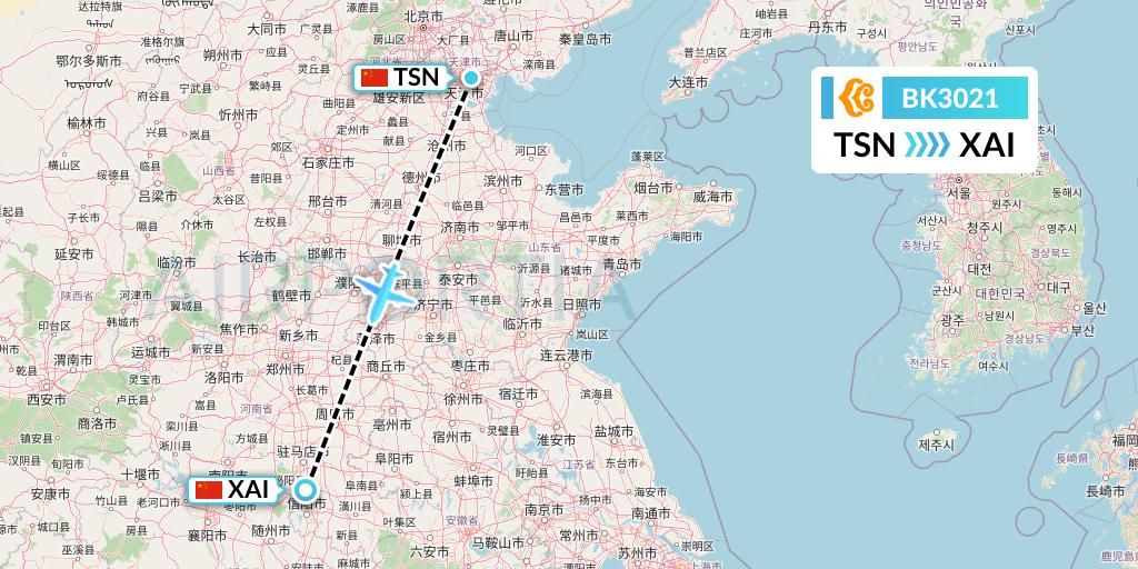 BK3021 Okay Airways Flight Map: Tianjin to Xinyuan