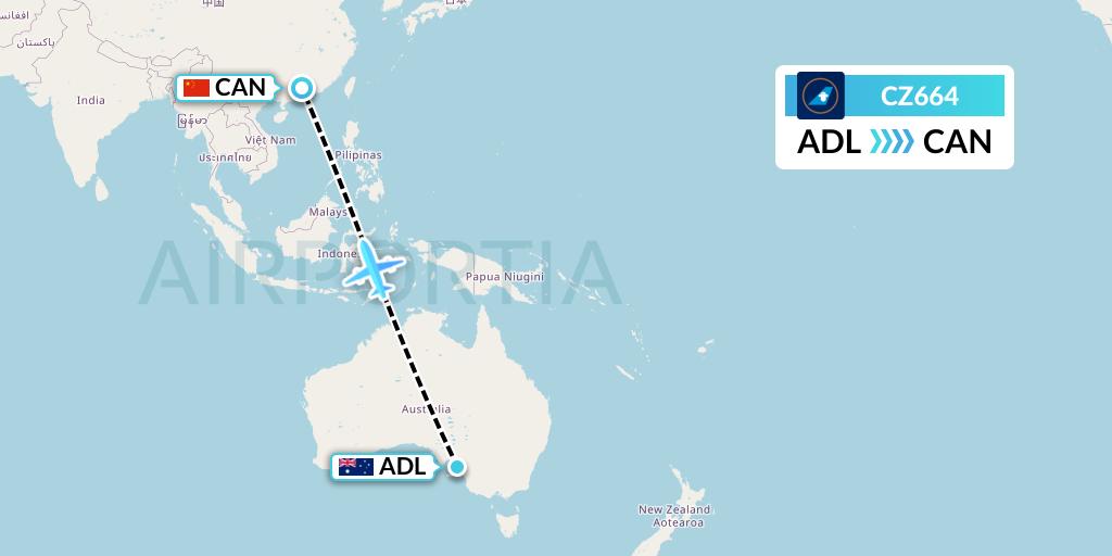 CZ664 China Southern Airlines Flight Map: Adelaide to Guangzhou