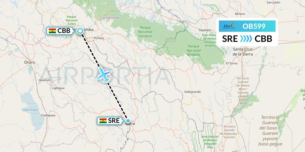 OB599 Boliviana de Aviacion Flight Map: Sucre to Cochabamba
