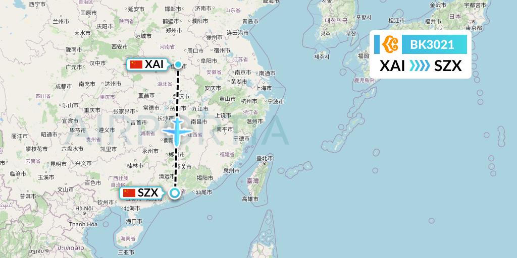 BK3021 Okay Airways Flight Map: Xinyuan to Shenzhen