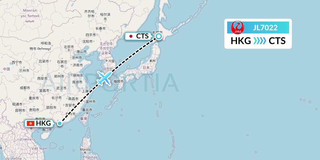 JL7022 Japan Airlines Flight Map: Hong Kong to Sapporo