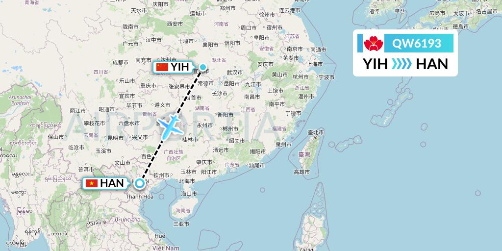 QW6193 Qingdao Airlines Flight Map: Yichang to Hanoi
