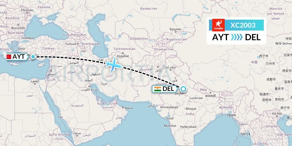XC2003 Corendon Airlines Flight Map: Antalya to Delhi