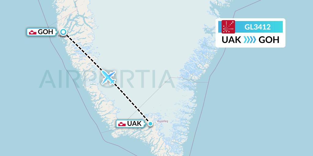 GL3412 Air Greenland Flight Map: Narsarsuaq to Nuuk