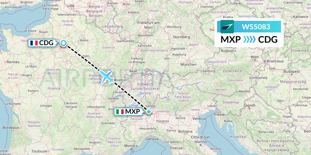 WS5083 WestJet Flight Map: Milan to Paris