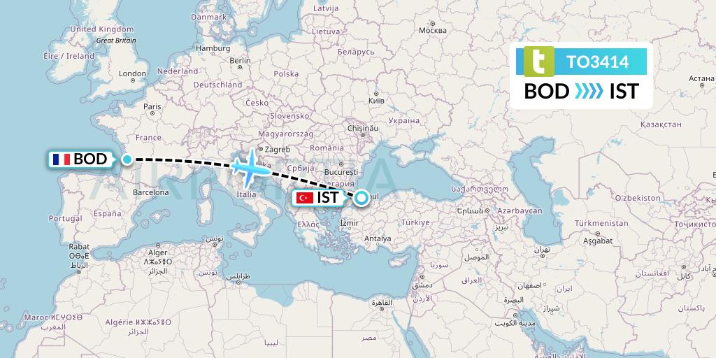 TO3414 Transavia France Flight Map: Bordeaux to Istanbul