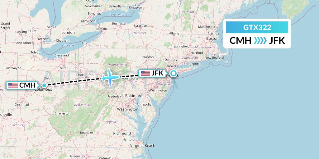 GTX322 GTA Air Flight Map: Columbus to New York