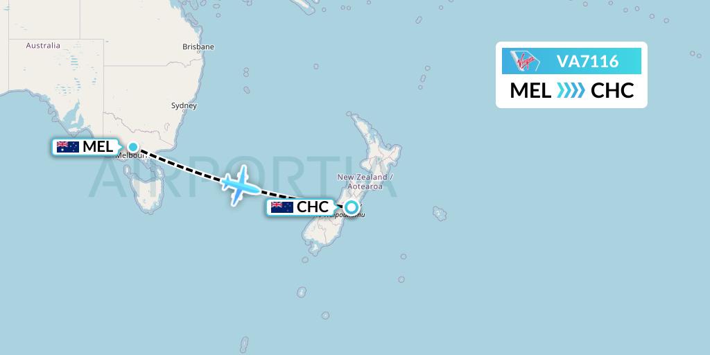 VA7116 Virgin Australia Flight Map: Melbourne to Christchurch