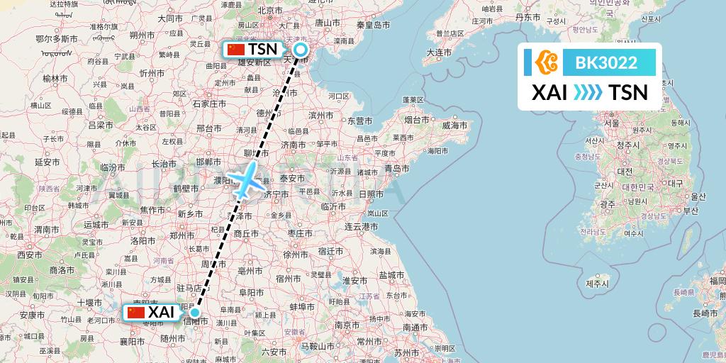 BK3022 Okay Airways Flight Map: Xinyuan to Tianjin