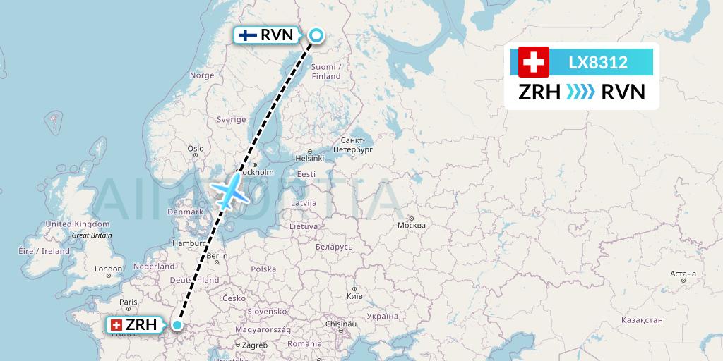 LX8312 Swiss Flight Map: Zurich to Rovaniemi