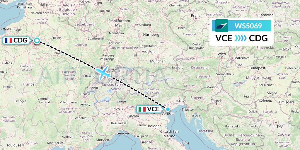 WS5069 WestJet Flight Map: Venice to Paris