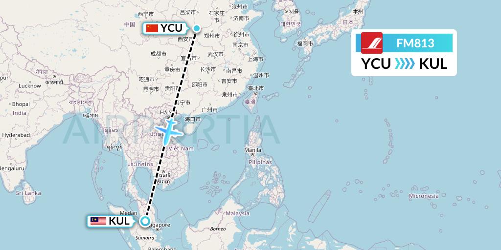 FM813 Shanghai Airlines Flight Map: Yuncheng to Kuala Lumpur