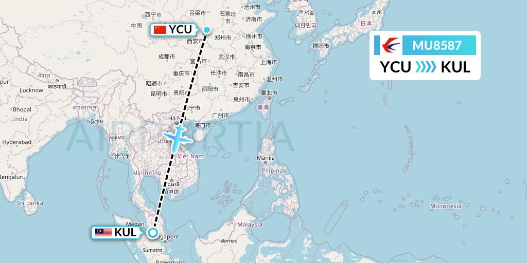 MU8587 China Eastern Airlines Flight Map: Yuncheng to Kuala Lumpur