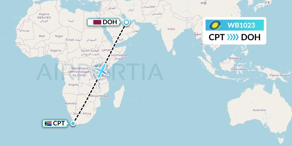 WB1023 RwandAir Flight Map: Cape Town to Doha