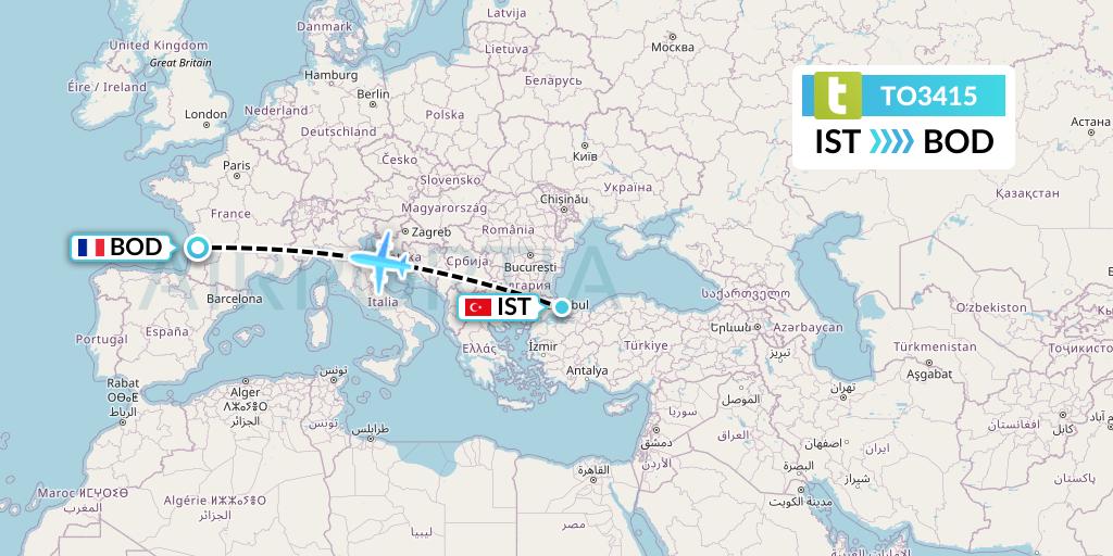 TO3415 Transavia France Flight Map: Istanbul to Bordeaux