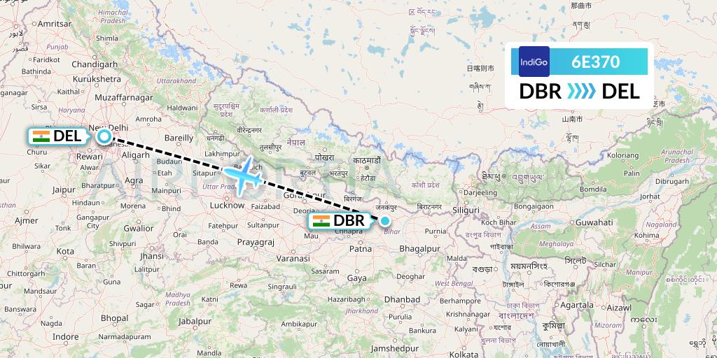 6E370 IndiGo Airlines Flight Map: Darbhanga to Delhi