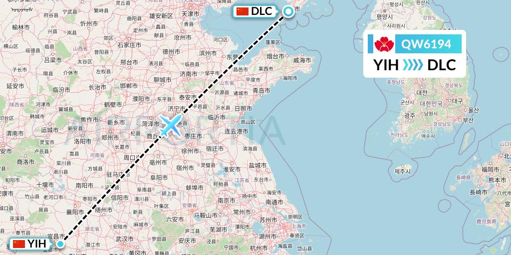 QW6194 Qingdao Airlines Flight Map: Yichang to Dalian