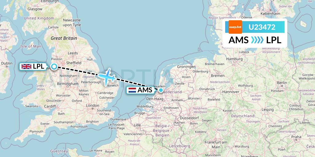 U23472 EasyJet Flight Map: Amsterdam to Liverpool