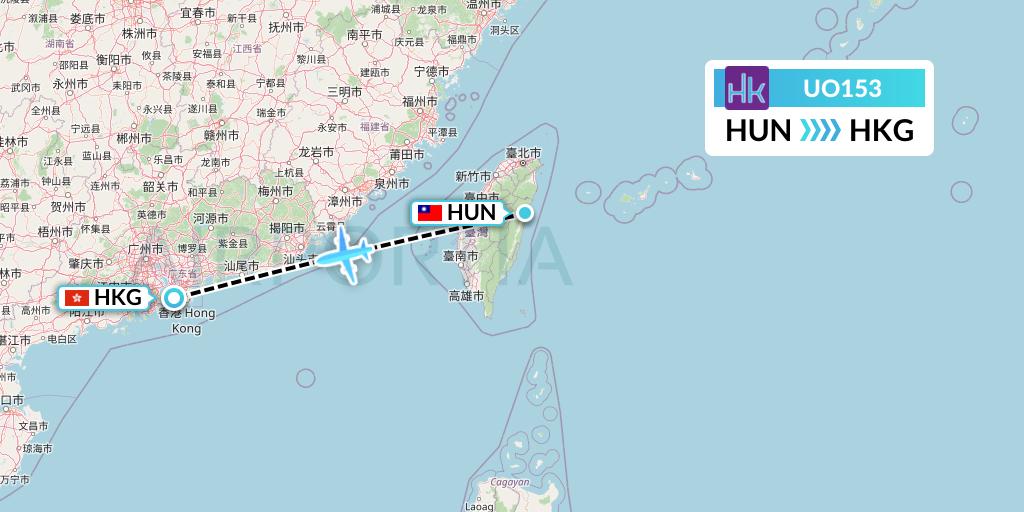 UO153 Hong Kong Express Flight Map: Hualien to Hong Kong