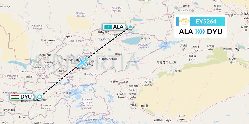 EY5264 Etihad Airways Flight Map: Almaty to Dushanbe
