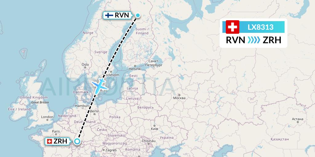 LX8313 Swiss Flight Map: Rovaniemi to Zurich